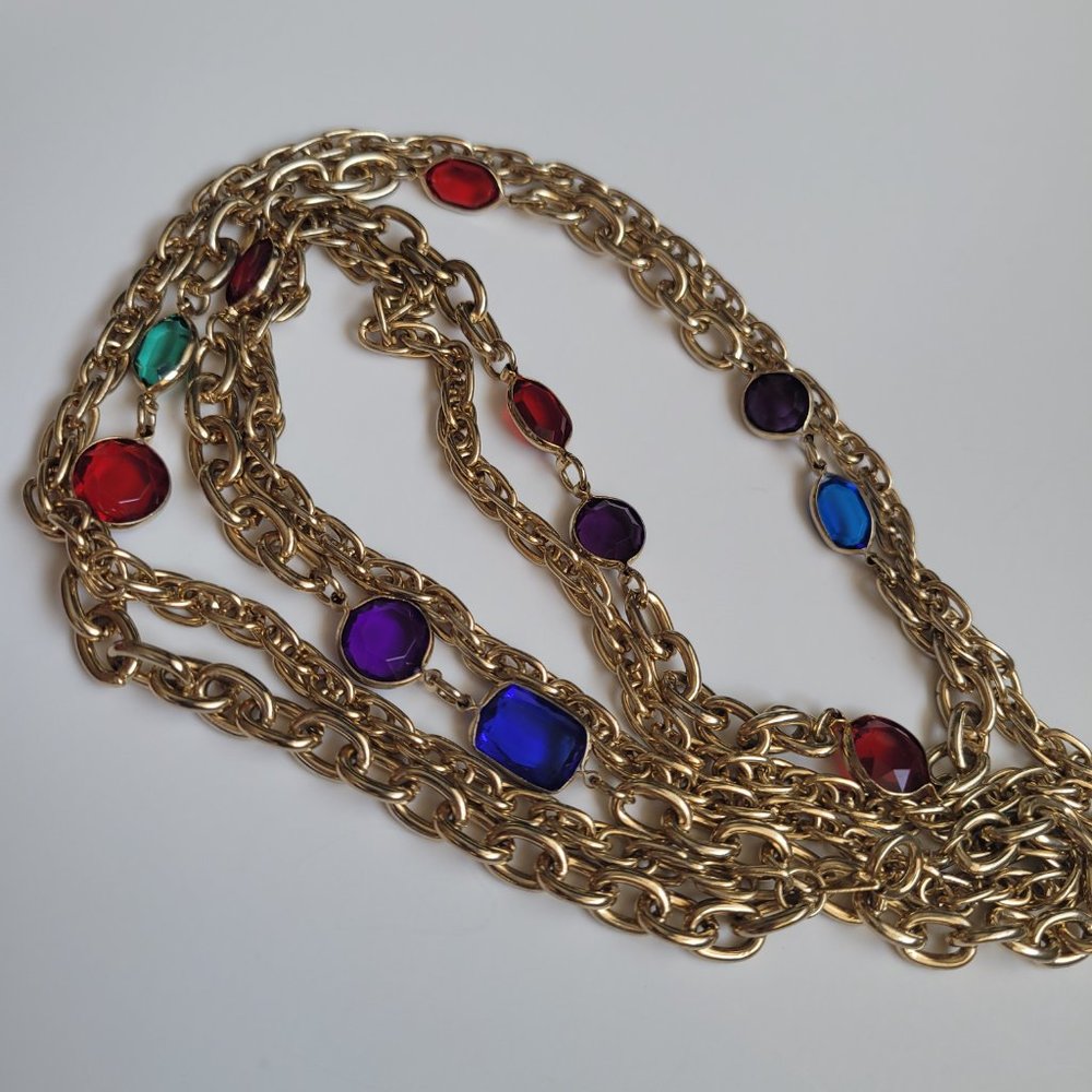 Vintage Doublestrand Sleeper Necklace Gold Filled Multicolor Stones Signed